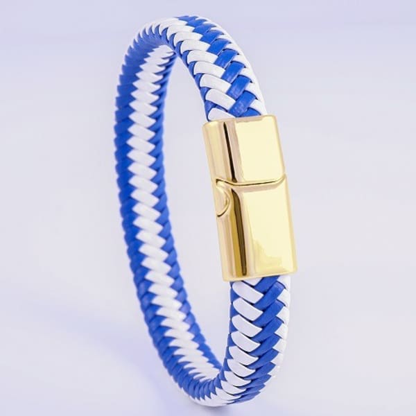 Leather braided Bracelet - 20"- White And Blue