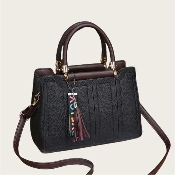 V2 Authentic Pu Leather Striped Handbag With Tassel & Shoulder Straps - Black